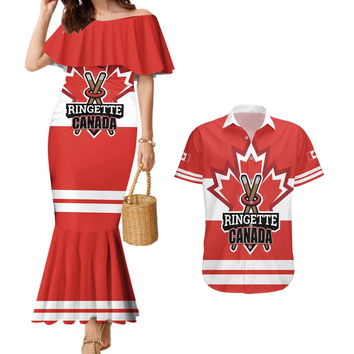 Custom Canada Ringuette Couples Matching Mermaid Dress and Hawaiian Shirt Team Canada Dominates The Game