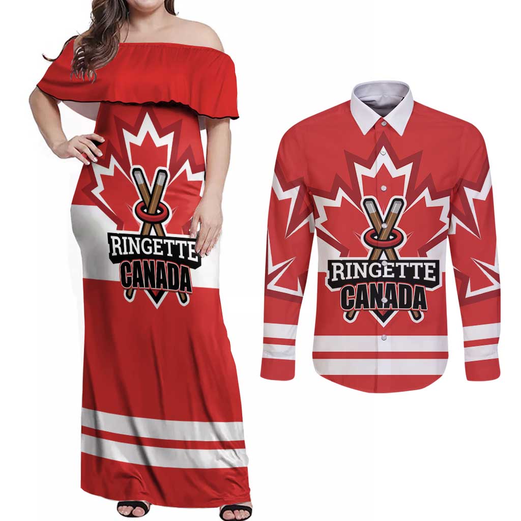 Custom Canada Ringuette Couples Matching Off Shoulder Maxi Dress and Long Sleeve Button Shirt Team Canada Dominates The Game