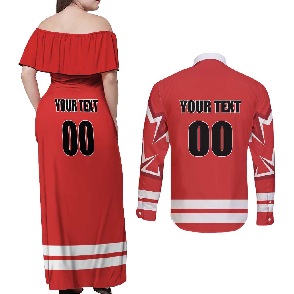 Custom Canada Ringuette Couples Matching Off Shoulder Maxi Dress and Long Sleeve Button Shirt Team Canada Dominates The Game