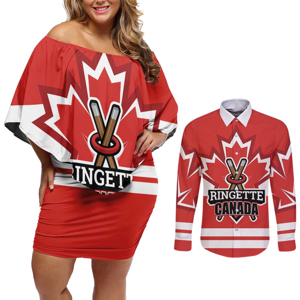 Custom Canada Ringuette Couples Matching Off Shoulder Short Dress and Long Sleeve Button Shirt Team Canada Dominates The Game
