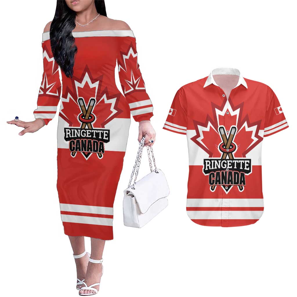 Custom Canada Ringuette Couples Matching Off The Shoulder Long Sleeve Dress and Hawaiian Shirt Team Canada Dominates The Game