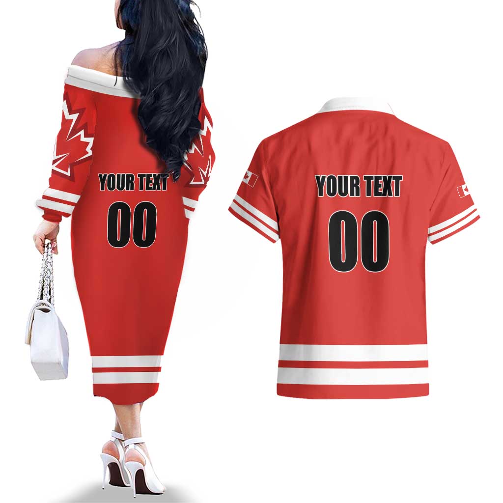 Custom Canada Ringuette Couples Matching Off The Shoulder Long Sleeve Dress and Hawaiian Shirt Team Canada Dominates The Game