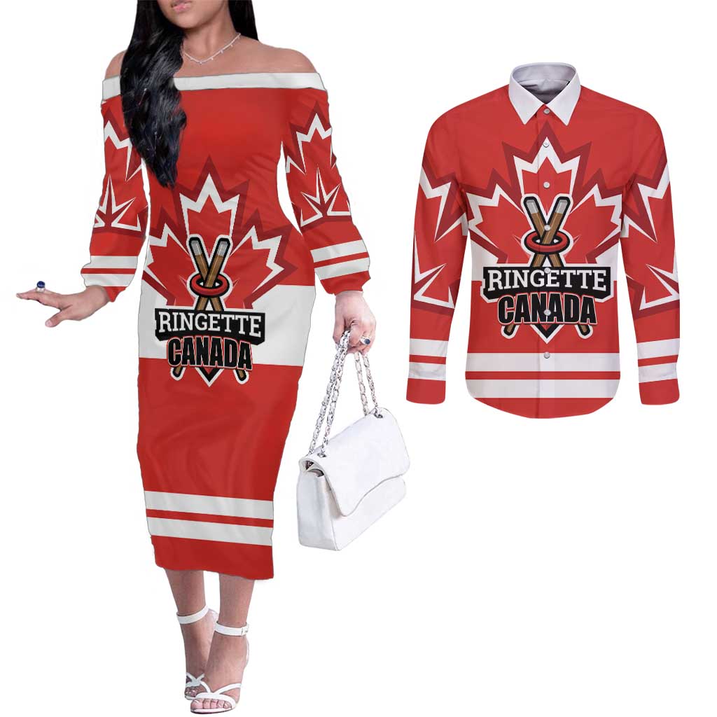 Custom Canada Ringuette Couples Matching Off The Shoulder Long Sleeve Dress and Long Sleeve Button Shirt Team Canada Dominates The Game