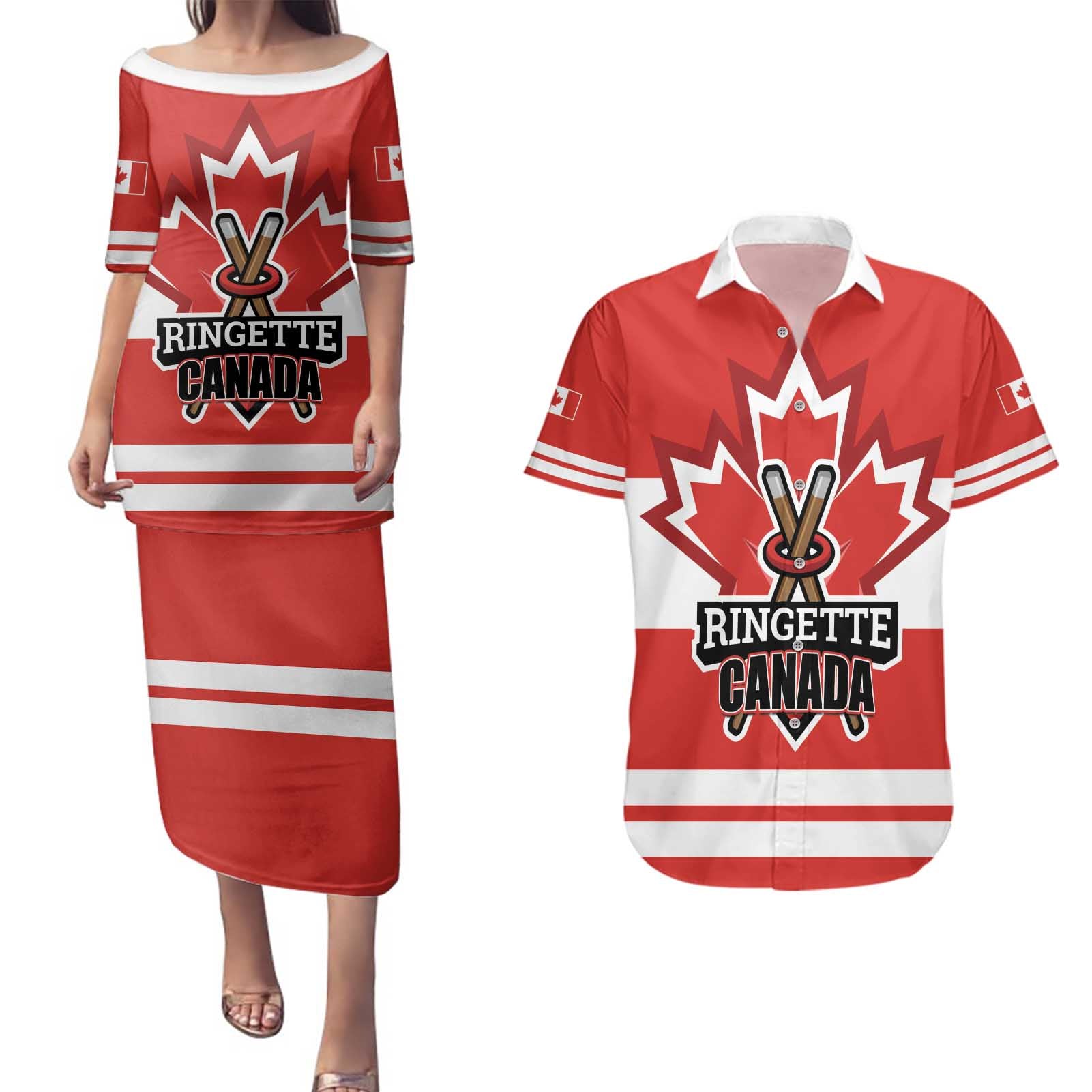 Custom Canada Ringuette Couples Matching Puletasi and Hawaiian Shirt Team Canada Dominates The Game