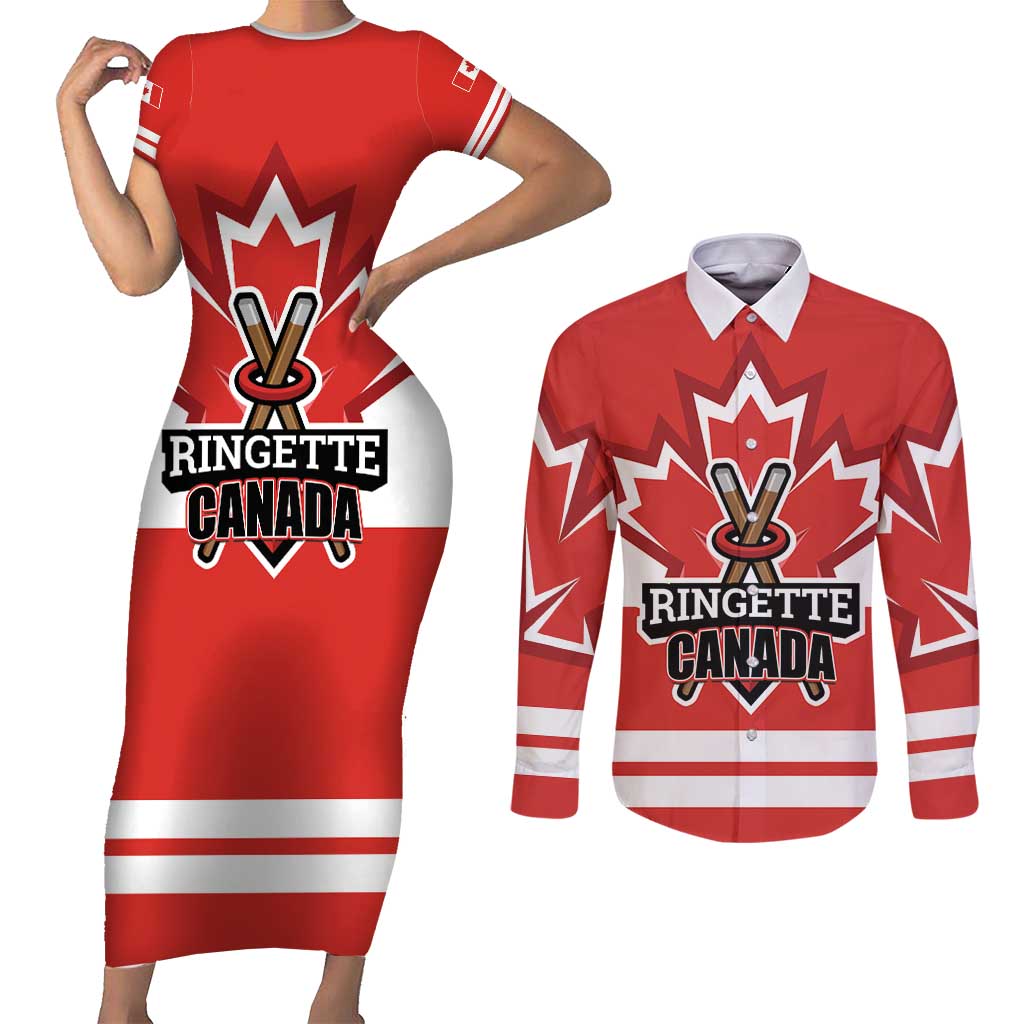 Custom Canada Ringuette Couples Matching Short Sleeve Bodycon Dress and Long Sleeve Button Shirt Team Canada Dominates The Game