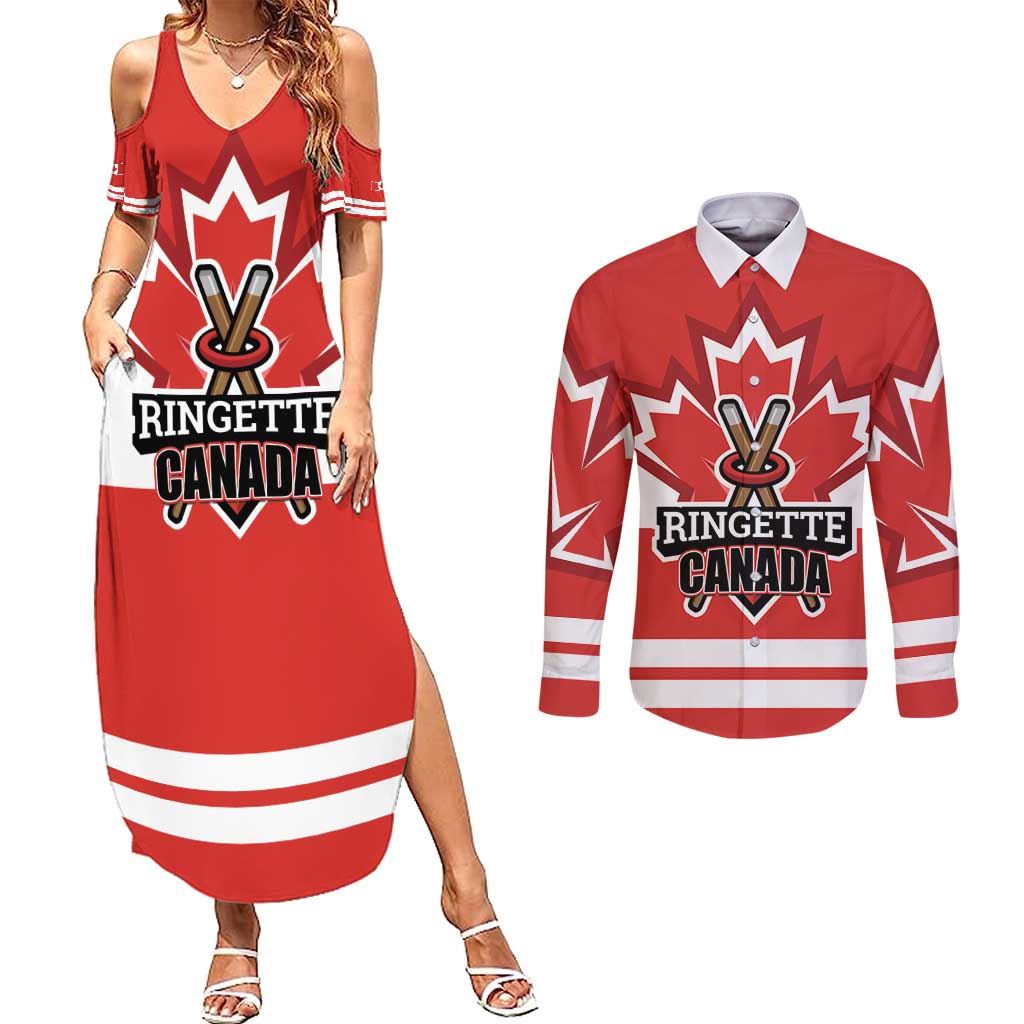 Custom Canada Ringuette Couples Matching Summer Maxi Dress and Long Sleeve Button Shirt Team Canada Dominates The Game