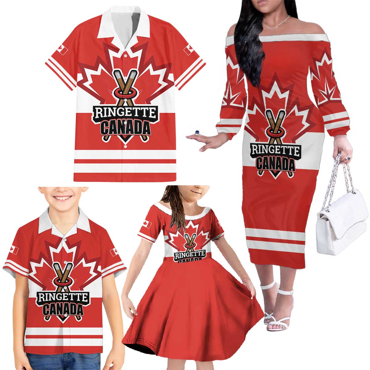 Custom Canada Ringuette Family Matching Off The Shoulder Long Sleeve Dress and Hawaiian Shirt Team Canada Dominates The Game