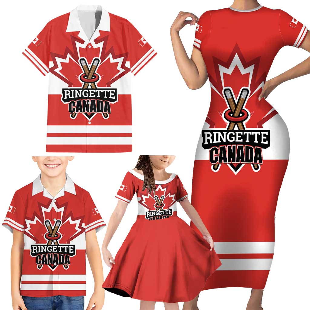 Custom Canada Ringuette Family Matching Short Sleeve Bodycon Dress and Hawaiian Shirt Team Canada Dominates The Game