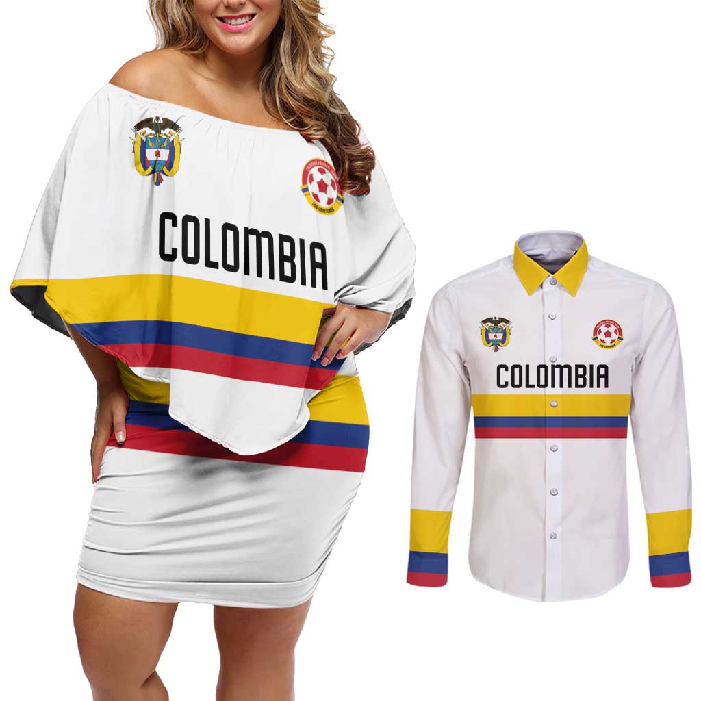 Custom Football 2024 Colombia 100th Anniversary Couples Matching Off Shoulder Short Dress and Long Sleeve Button Shirt Limited Edition