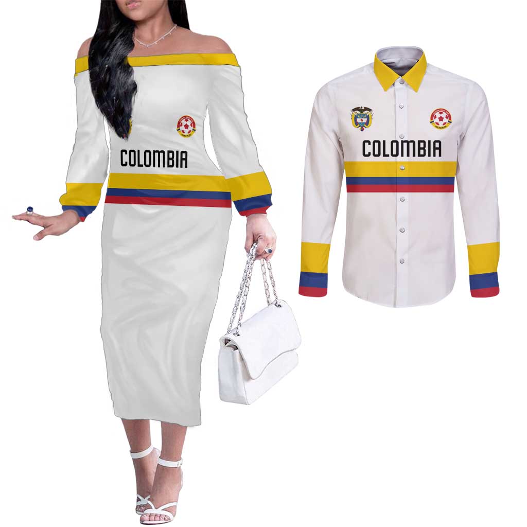 Custom Football 2024 Colombia 100th Anniversary Couples Matching Off The Shoulder Long Sleeve Dress and Long Sleeve Button Shirt Limited Edition