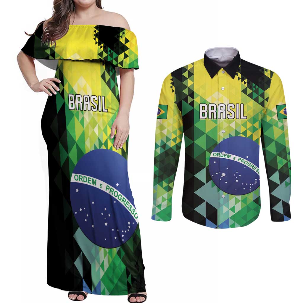 Personalized Brasil Couples Matching Off Shoulder Maxi Dress and Long Sleeve Button Shirt Dynamic Sporty Style