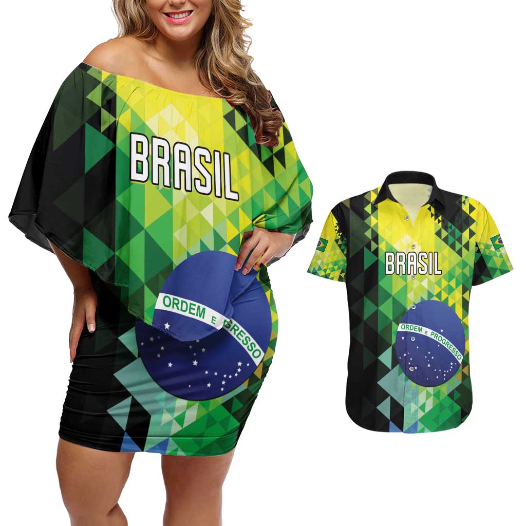Personalized Brasil Couples Matching Off Shoulder Short Dress and Hawaiian Shirt Dynamic Sporty Style