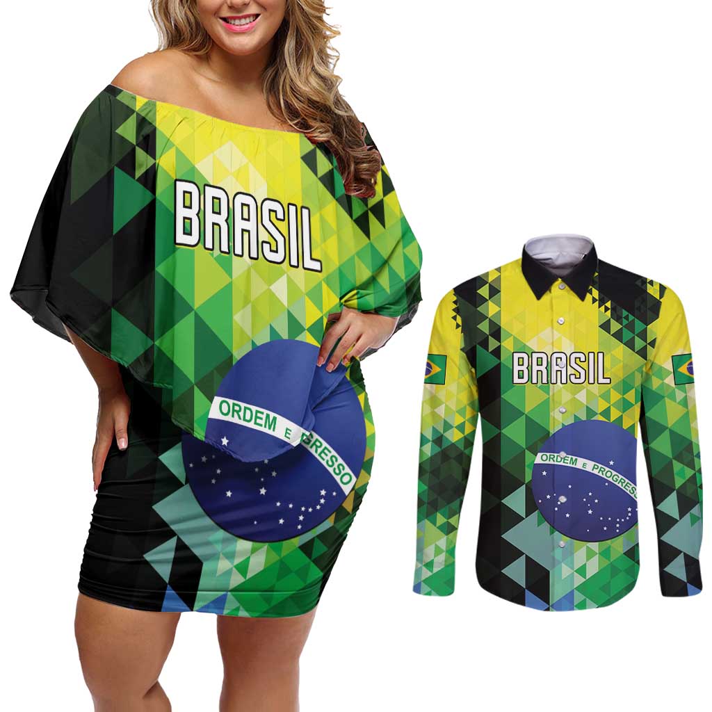 Personalized Brasil Couples Matching Off Shoulder Short Dress and Long Sleeve Button Shirt Dynamic Sporty Style