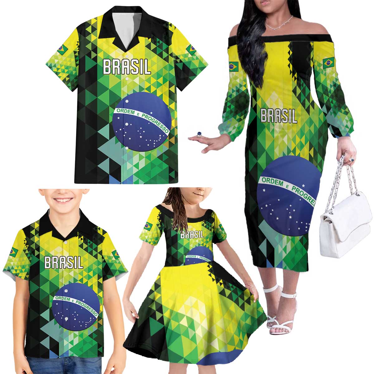 Personalized Brasil Family Matching Off The Shoulder Long Sleeve Dress and Hawaiian Shirt Dynamic Sporty Style