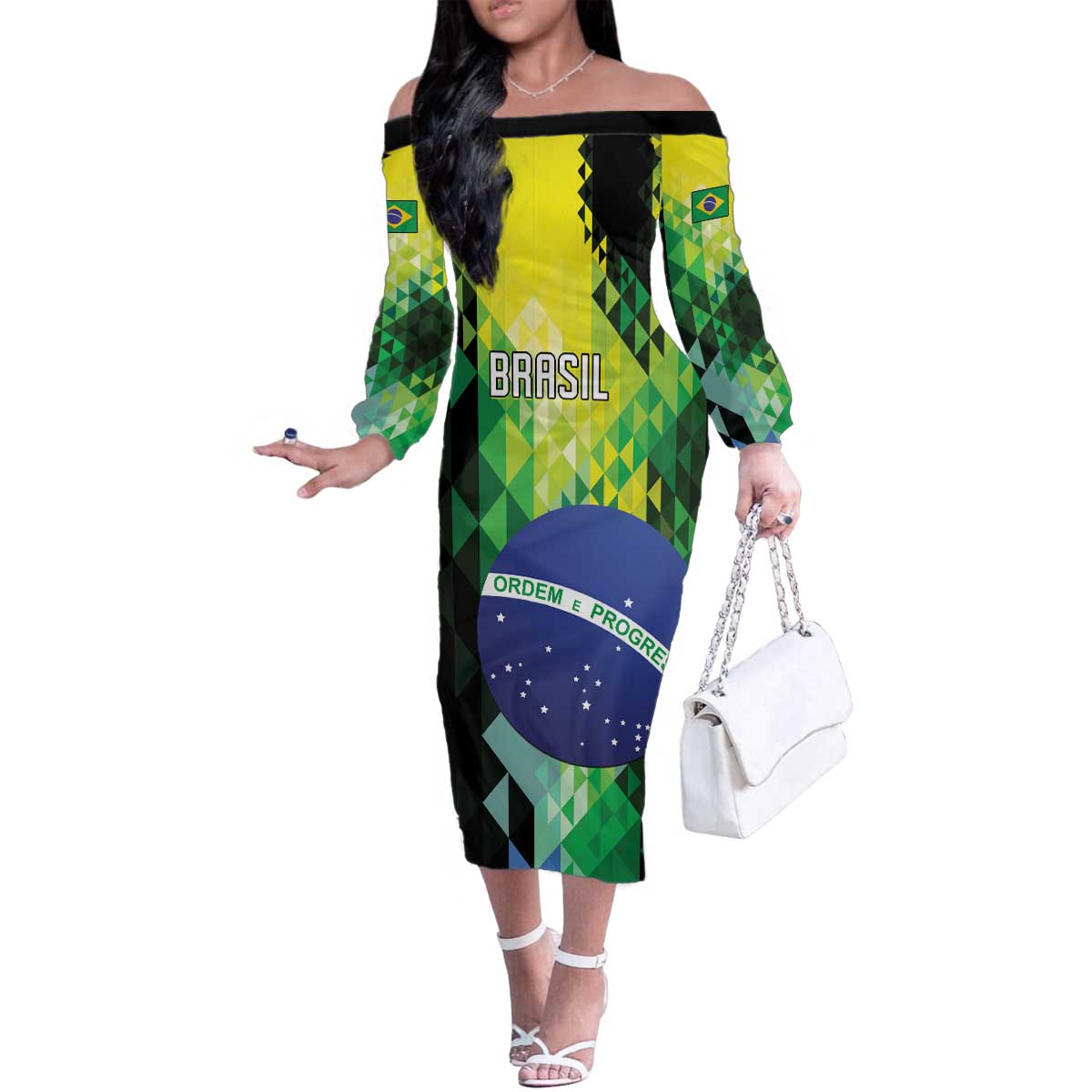 Personalized Brasil Family Matching Off The Shoulder Long Sleeve Dress and Hawaiian Shirt Dynamic Sporty Style