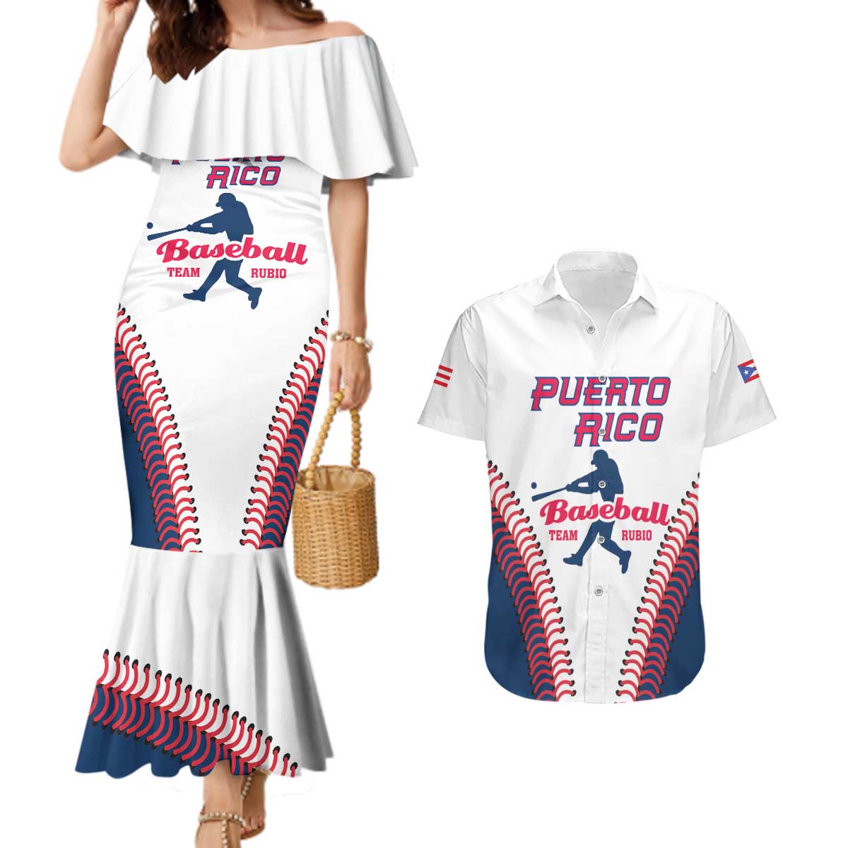 Custom Baseball Puerto Rico 2025 Couples Matching Mermaid Dress and Hawaiian Shirt Team Rubio Retro Style