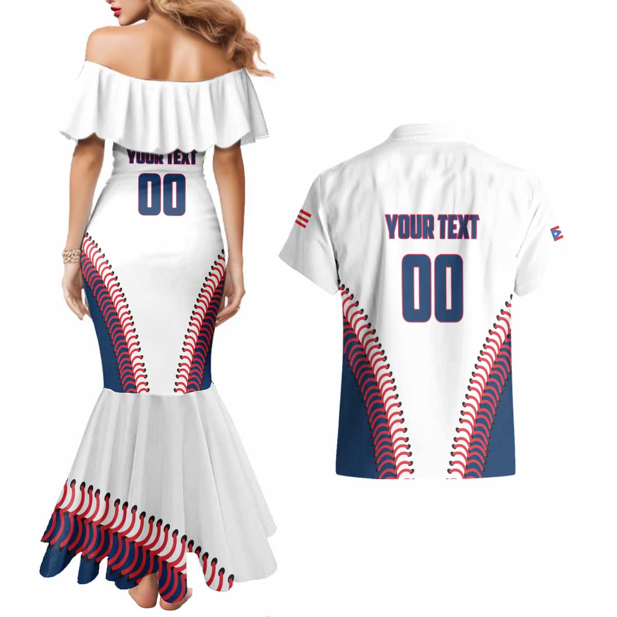 Custom Baseball Puerto Rico 2025 Couples Matching Mermaid Dress and Hawaiian Shirt Team Rubio Retro Style
