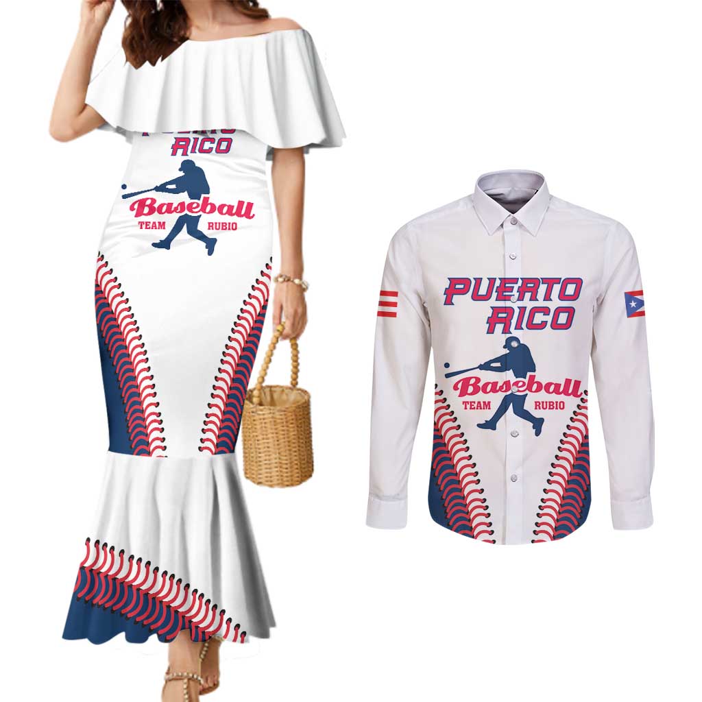 Custom Baseball Puerto Rico 2025 Couples Matching Mermaid Dress and Long Sleeve Button Shirt Team Rubio Retro Style