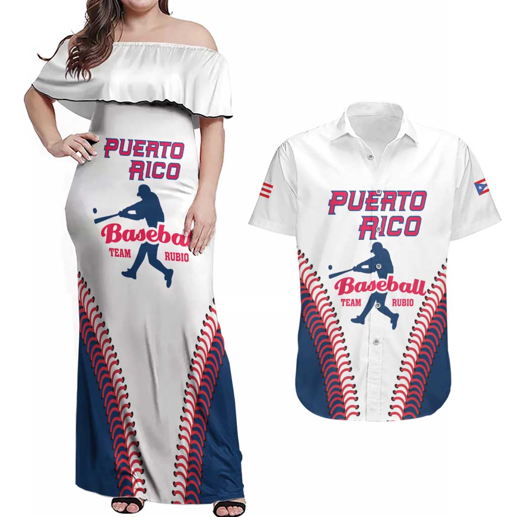 Custom Baseball Puerto Rico 2025 Couples Matching Off Shoulder Maxi Dress and Hawaiian Shirt Team Rubio Retro Style