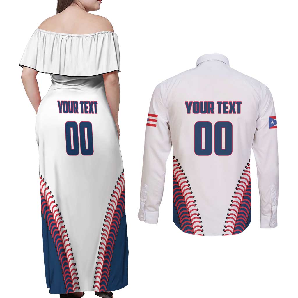 Custom Baseball Puerto Rico 2025 Couples Matching Off Shoulder Maxi Dress and Long Sleeve Button Shirt Team Rubio Retro Style