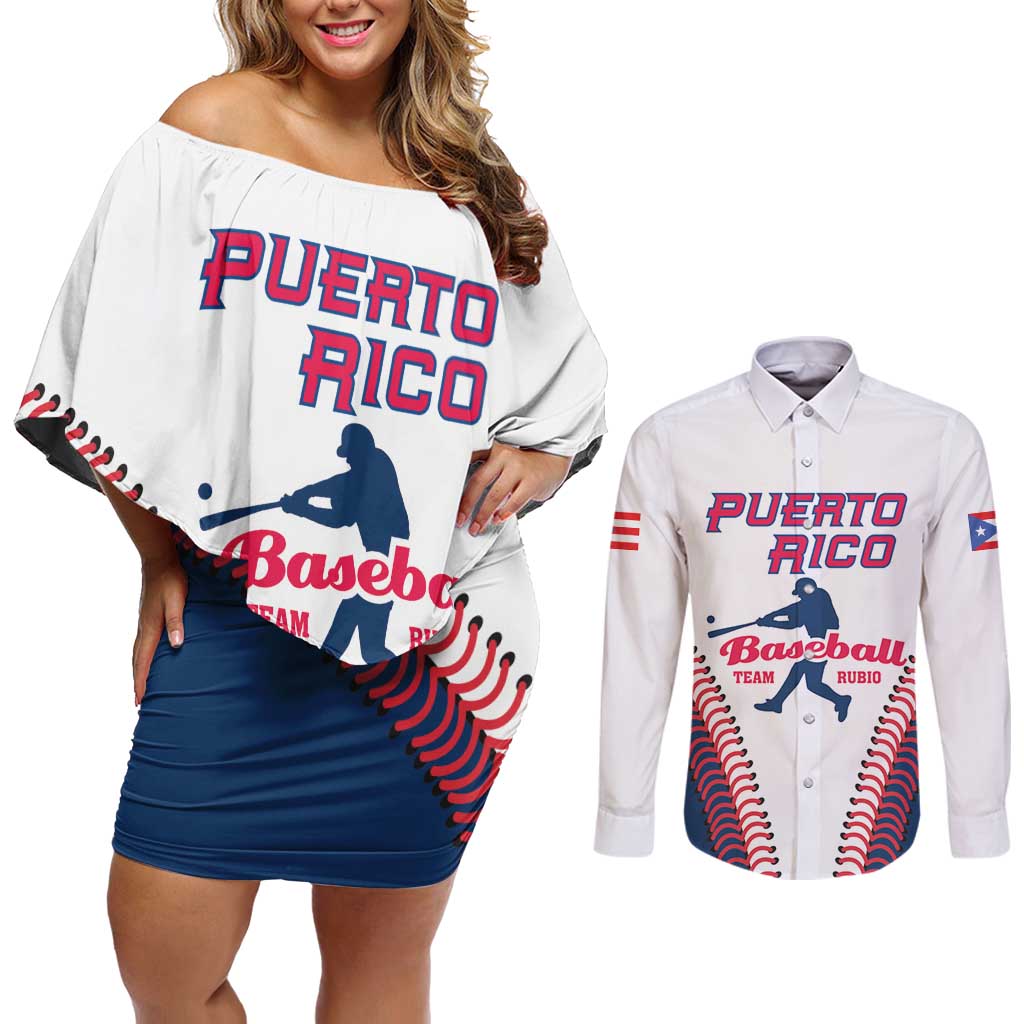 Custom Baseball Puerto Rico 2025 Couples Matching Off Shoulder Short Dress and Long Sleeve Button Shirt Team Rubio Retro Style