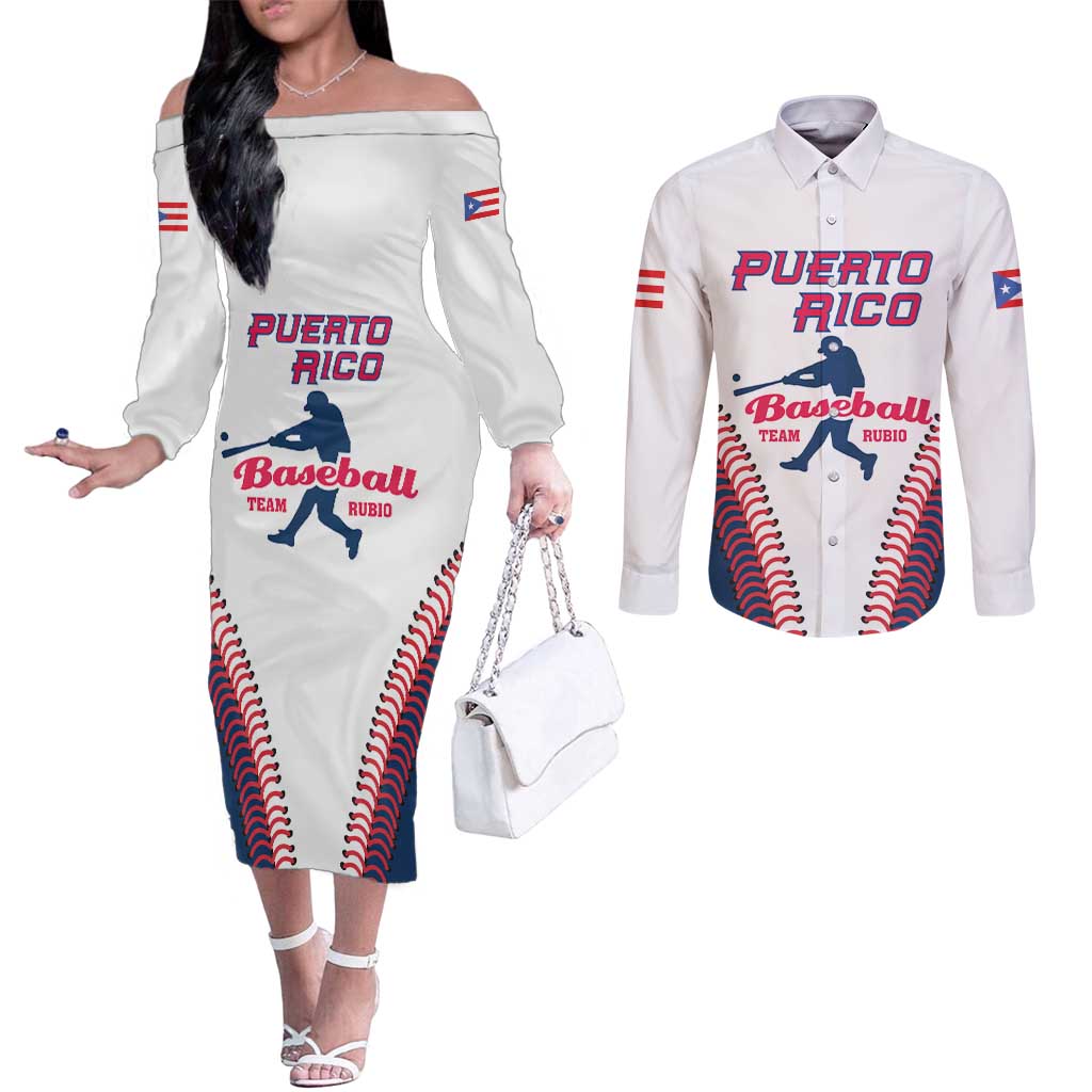 Custom Baseball Puerto Rico 2025 Couples Matching Off The Shoulder Long Sleeve Dress and Long Sleeve Button Shirt Team Rubio Retro Style
