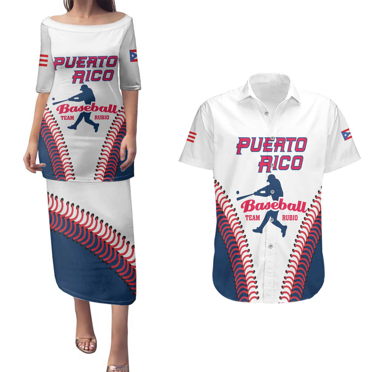 Custom Baseball Puerto Rico 2025 Couples Matching Puletasi and Hawaiian Shirt Team Rubio Retro Style