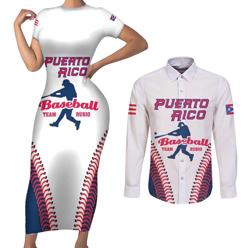 Custom Baseball Puerto Rico 2025 Couples Matching Short Sleeve Bodycon Dress and Long Sleeve Button Shirt Team Rubio Retro Style
