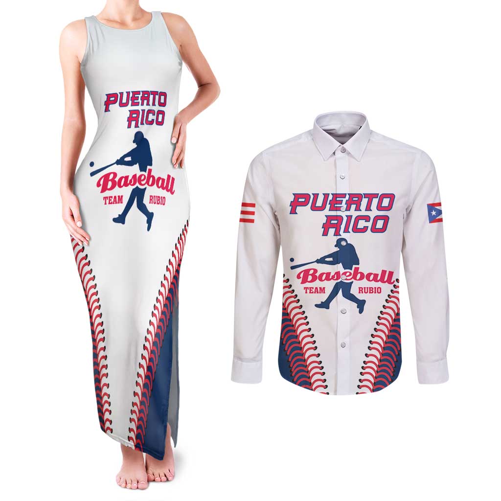 Custom Baseball Puerto Rico 2025 Couples Matching Tank Maxi Dress and Long Sleeve Button Shirt Team Rubio Retro Style