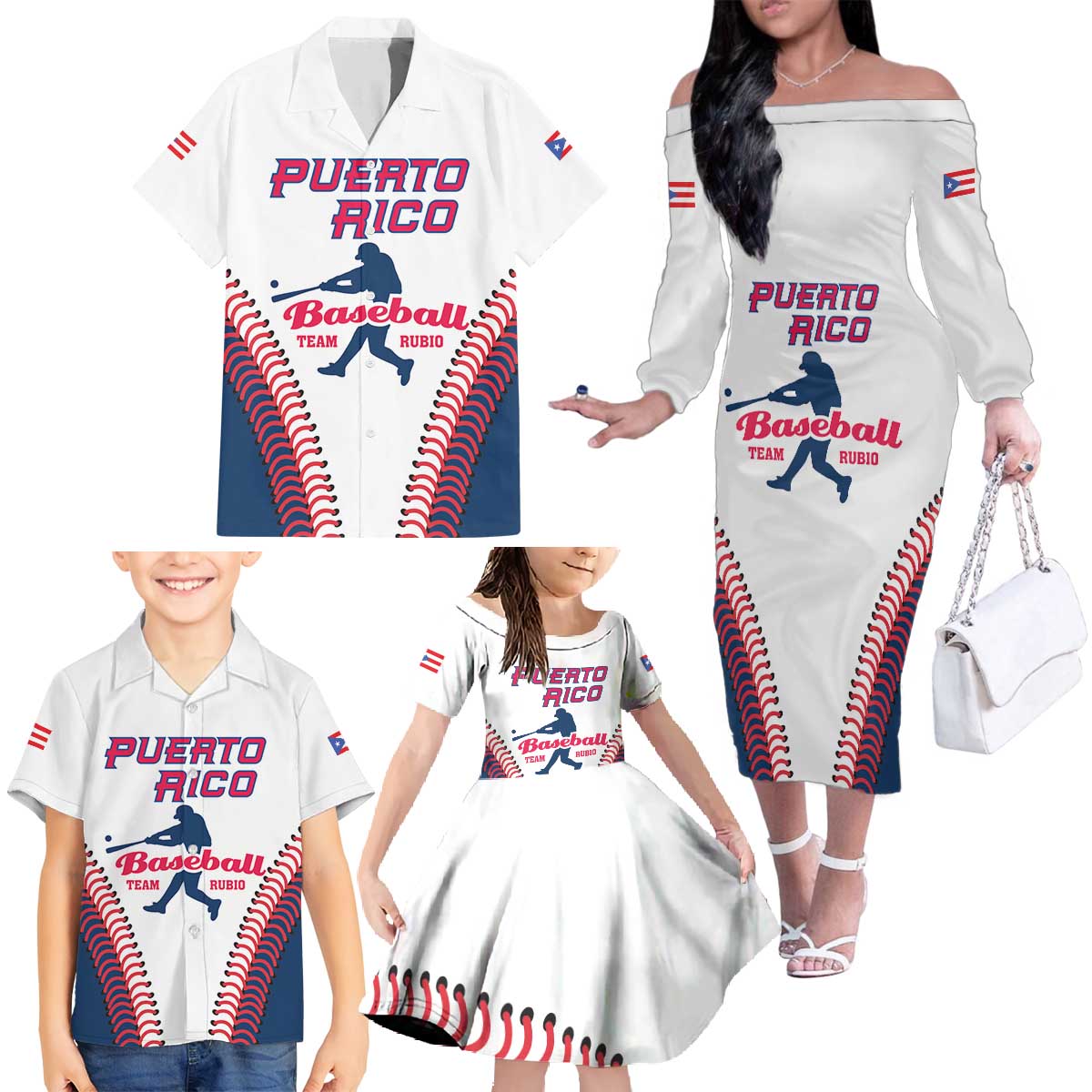 Custom Baseball Puerto Rico 2025 Family Matching Off The Shoulder Long Sleeve Dress and Hawaiian Shirt Team Rubio Retro Style