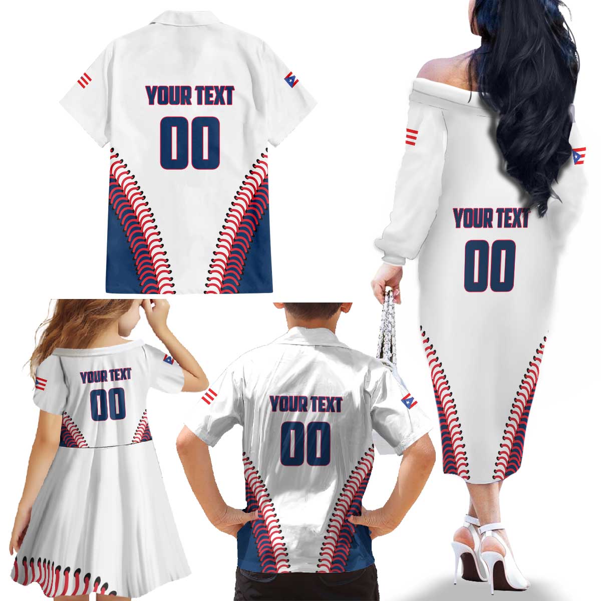 Custom Baseball Puerto Rico 2025 Family Matching Off The Shoulder Long Sleeve Dress and Hawaiian Shirt Team Rubio Retro Style