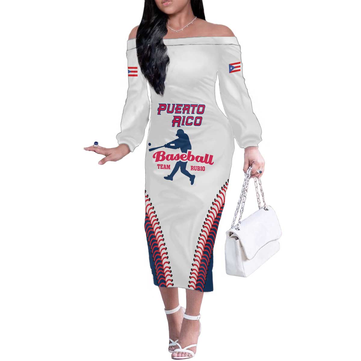 Custom Baseball Puerto Rico 2025 Family Matching Off The Shoulder Long Sleeve Dress and Hawaiian Shirt Team Rubio Retro Style