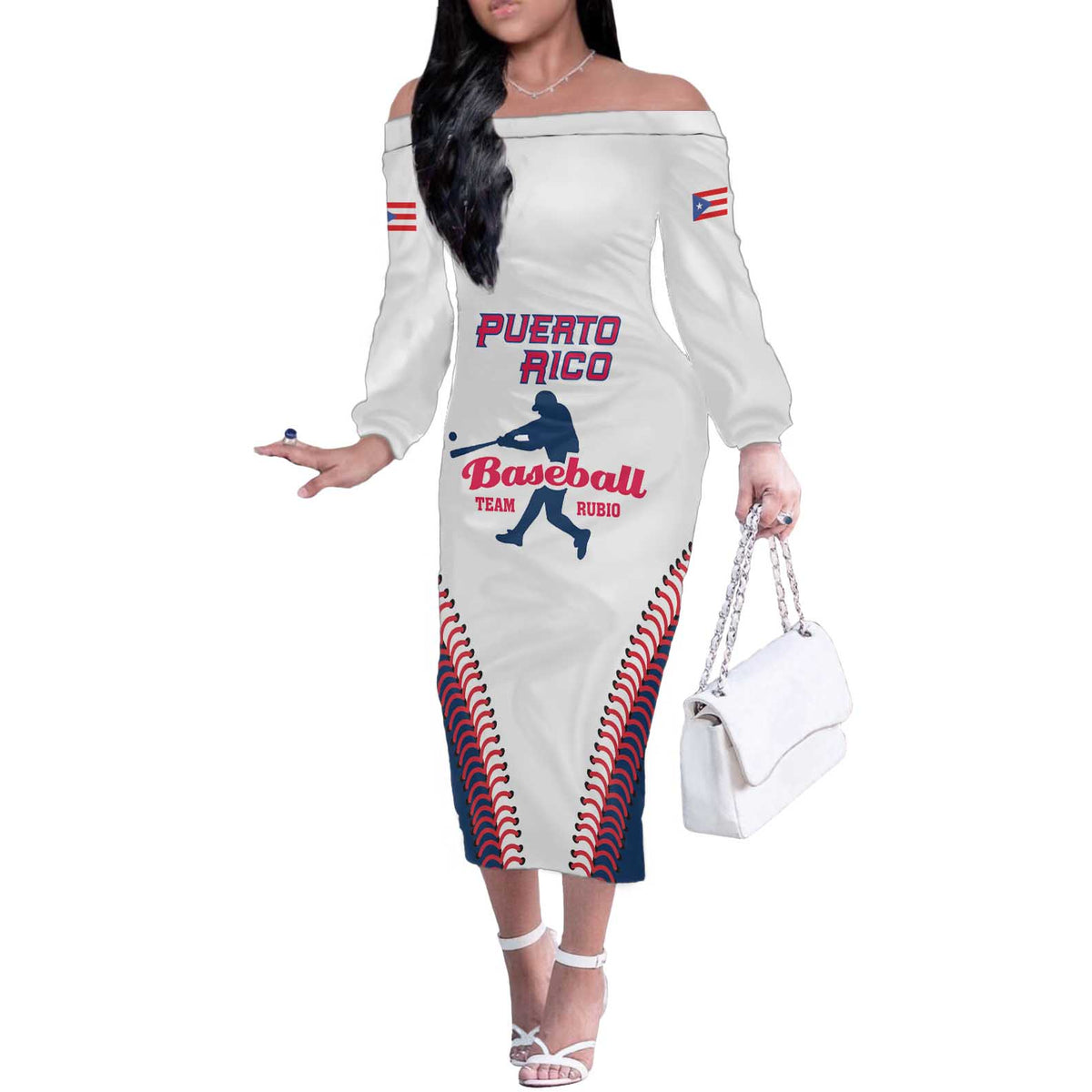 Custom Baseball Puerto Rico 2025 Off The Shoulder Long Sleeve Dress Team Rubio Retro Style