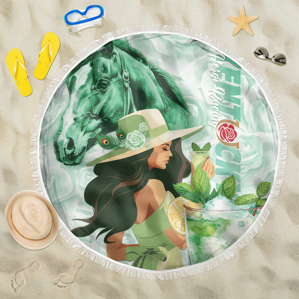Kentucky Horse Racing Beach Blanket Fancy Lady With Derby Mint Julep Cocktail - Wonder Print Shop