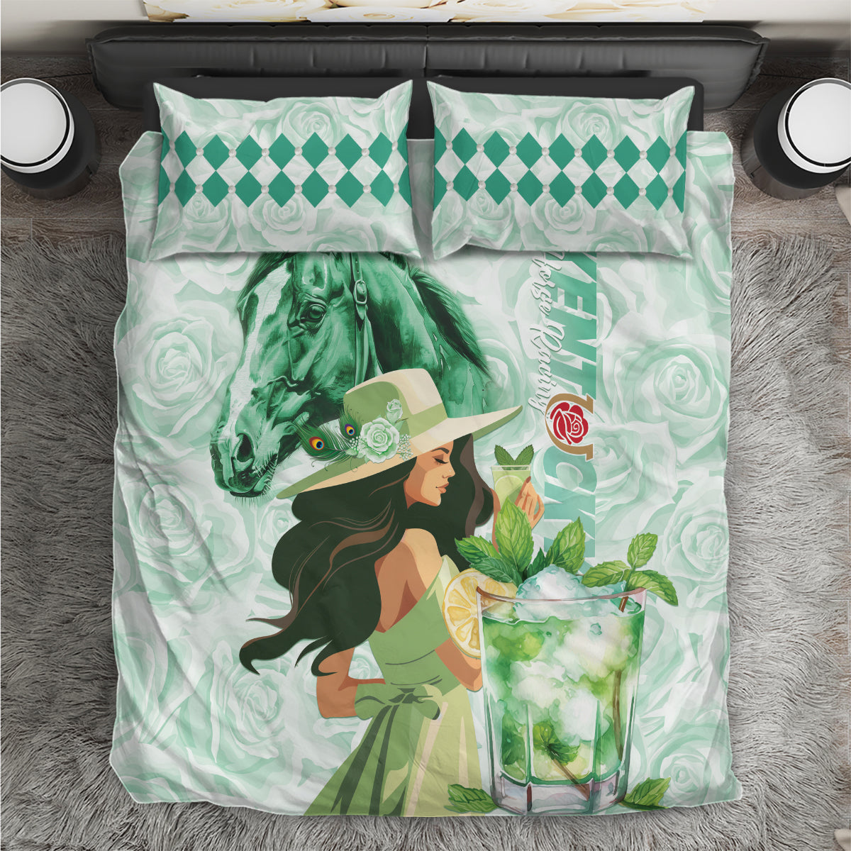 Kentucky Horse Racing Bedding Set Fancy Lady With Derby Mint Julep Cocktail - Wonder Print Shop