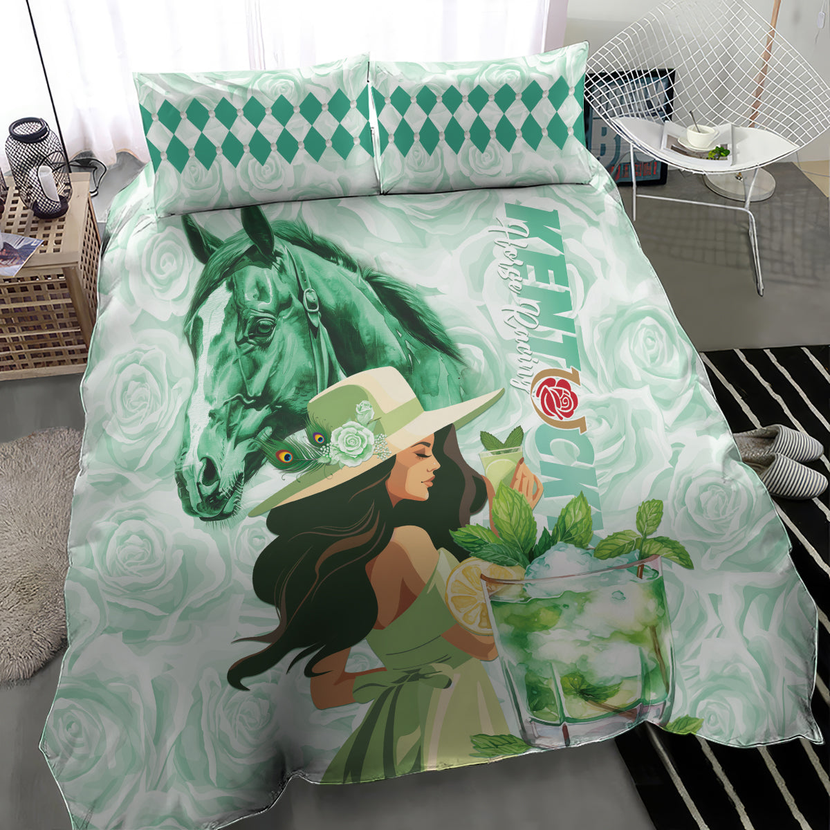 Kentucky Horse Racing Bedding Set Fancy Lady With Derby Mint Julep Cocktail - Wonder Print Shop