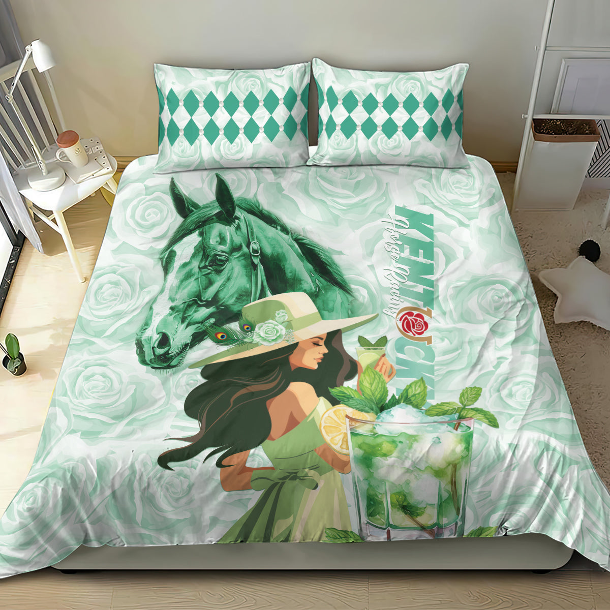 Kentucky Horse Racing Bedding Set Fancy Lady With Derby Mint Julep Cocktail - Wonder Print Shop