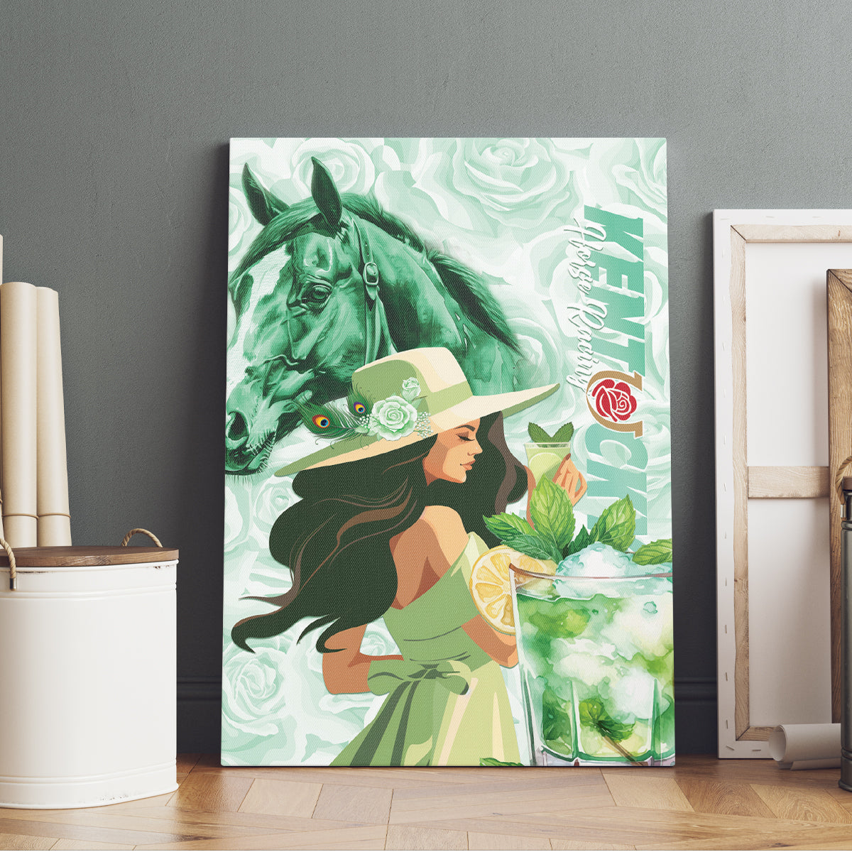Kentucky Horse Racing Canvas Wall Art Fancy Lady With Derby Mint Julep Cocktail - Wonder Print Shop