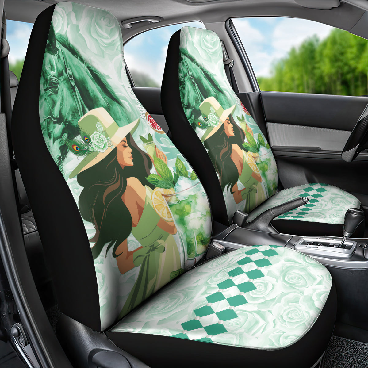 Kentucky Horse Racing Car Seat Cover Fancy Lady With Derby Mint Julep Cocktail - Wonder Print Shop