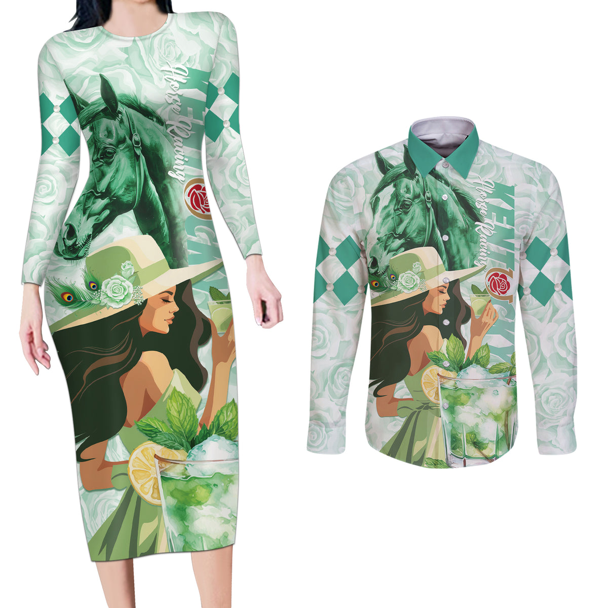 Kentucky Horse Racing Couples Matching Long Sleeve Bodycon Dress and Long Sleeve Button Shirt Fancy Lady With Derby Mint Julep Cocktail - Wonder Print Shop