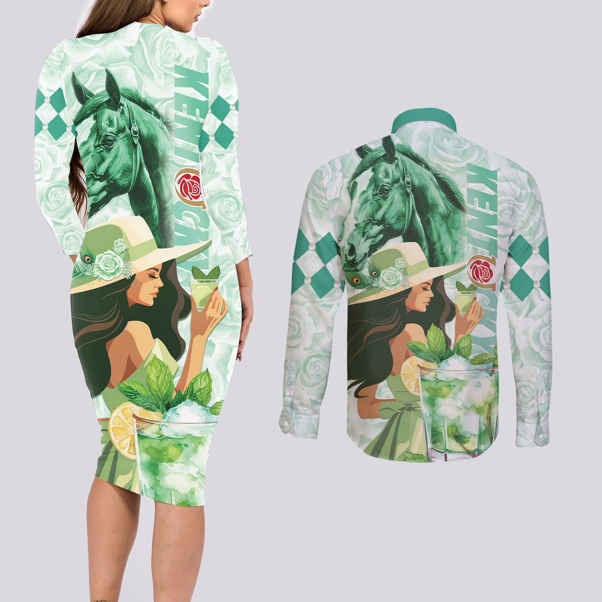 Kentucky Horse Racing Couples Matching Long Sleeve Bodycon Dress and Long Sleeve Button Shirt Fancy Lady With Derby Mint Julep Cocktail - Wonder Print Shop