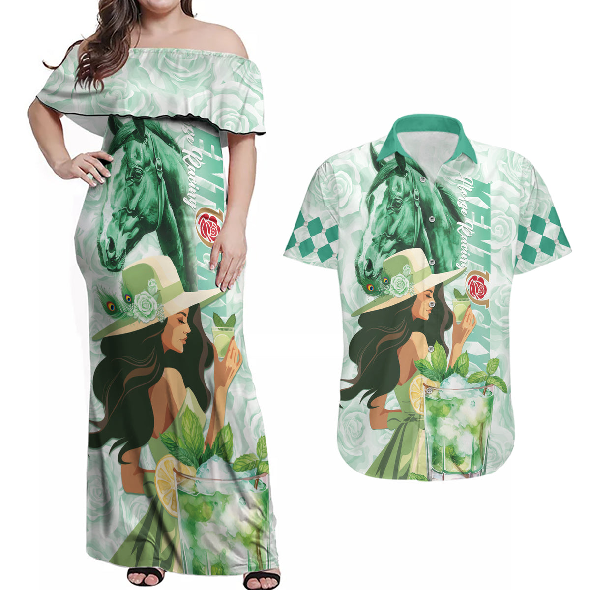 Kentucky Horse Racing Couples Matching Off Shoulder Maxi Dress and Hawaiian Shirt Fancy Lady With Derby Mint Julep Cocktail - Wonder Print Shop