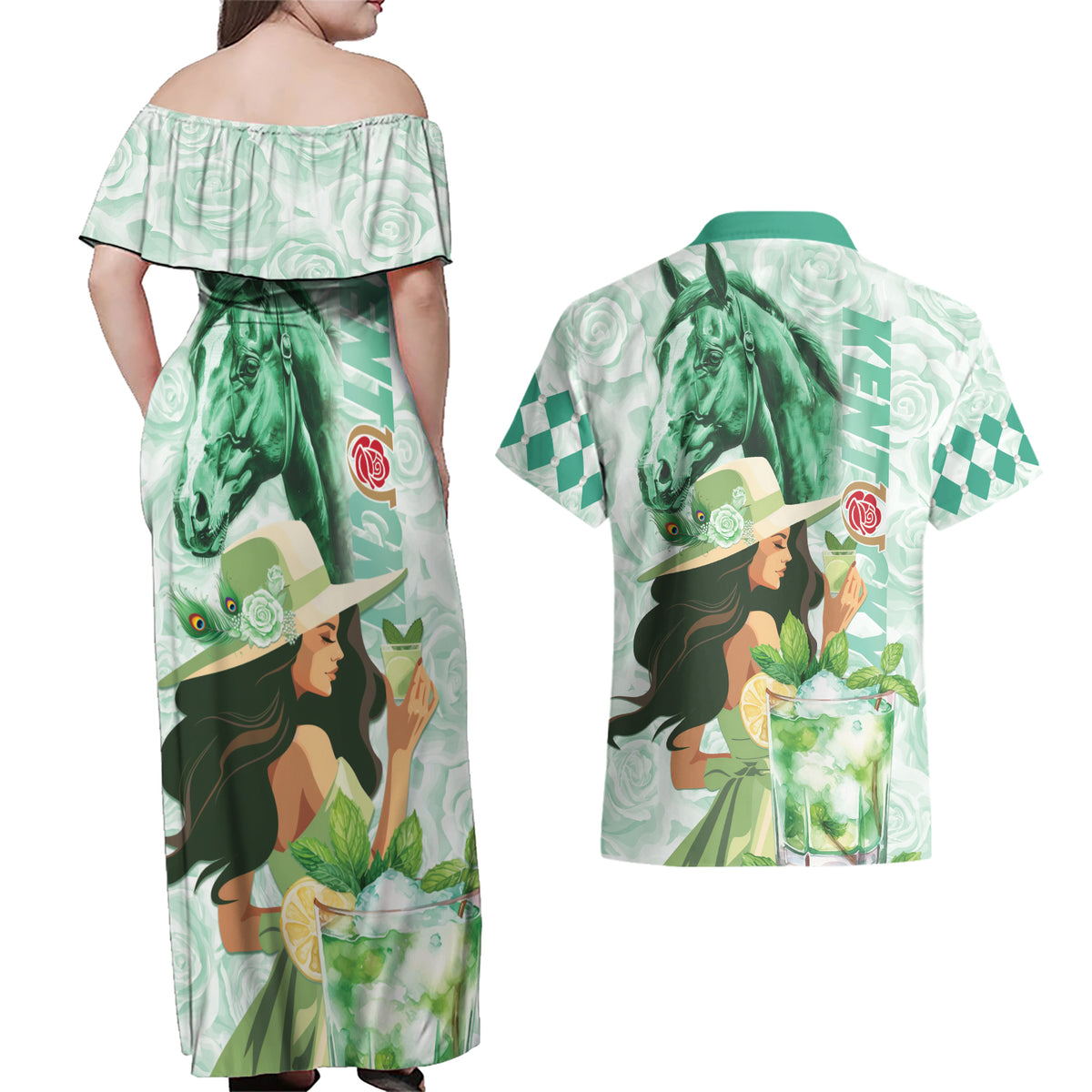 Kentucky Horse Racing Couples Matching Off Shoulder Maxi Dress and Hawaiian Shirt Fancy Lady With Derby Mint Julep Cocktail - Wonder Print Shop