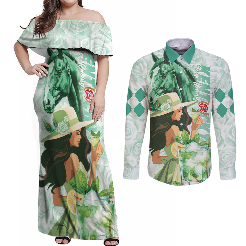 Kentucky Horse Racing Couples Matching Off Shoulder Maxi Dress and Long Sleeve Button Shirt Fancy Lady With Derby Mint Julep Cocktail - Wonder Print Shop