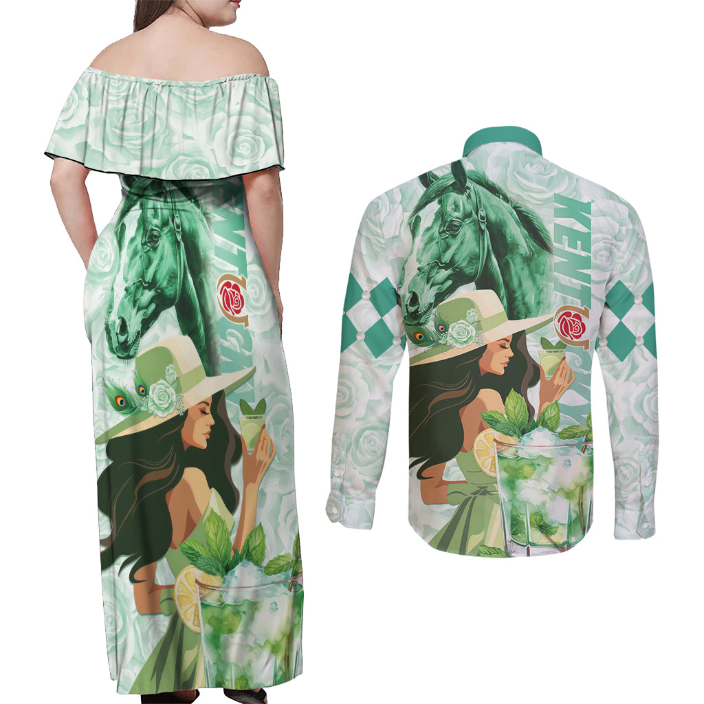 Kentucky Horse Racing Couples Matching Off Shoulder Maxi Dress and Long Sleeve Button Shirt Fancy Lady With Derby Mint Julep Cocktail - Wonder Print Shop
