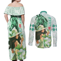 Kentucky Horse Racing Couples Matching Off Shoulder Maxi Dress and Long Sleeve Button Shirt Fancy Lady With Derby Mint Julep Cocktail - Wonder Print Shop