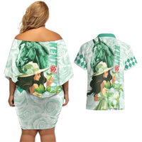 Kentucky Horse Racing Couples Matching Off Shoulder Short Dress and Hawaiian Shirt Fancy Lady With Derby Mint Julep Cocktail - Wonder Print Shop