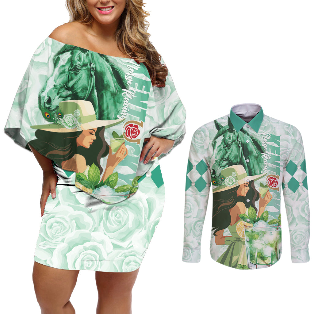 Kentucky Horse Racing Couples Matching Off Shoulder Short Dress and Long Sleeve Button Shirt Fancy Lady With Derby Mint Julep Cocktail - Wonder Print Shop