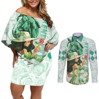 Kentucky Horse Racing Couples Matching Off Shoulder Short Dress and Long Sleeve Button Shirt Fancy Lady With Derby Mint Julep Cocktail - Wonder Print Shop