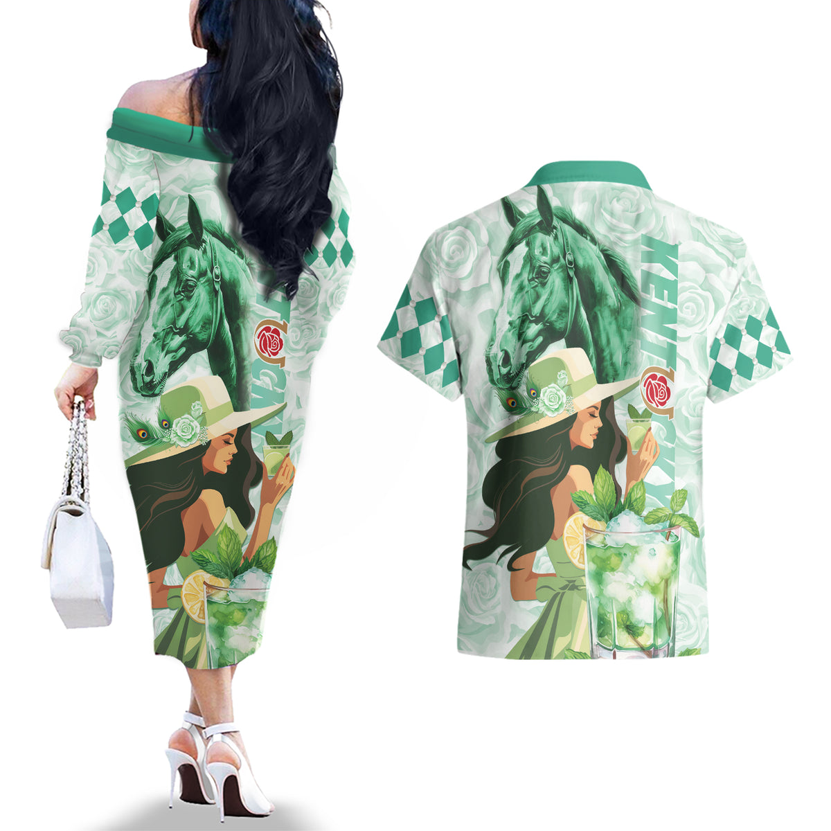 Kentucky Horse Racing Couples Matching Off The Shoulder Long Sleeve Dress and Hawaiian Shirt Fancy Lady With Derby Mint Julep Cocktail - Wonder Print Shop